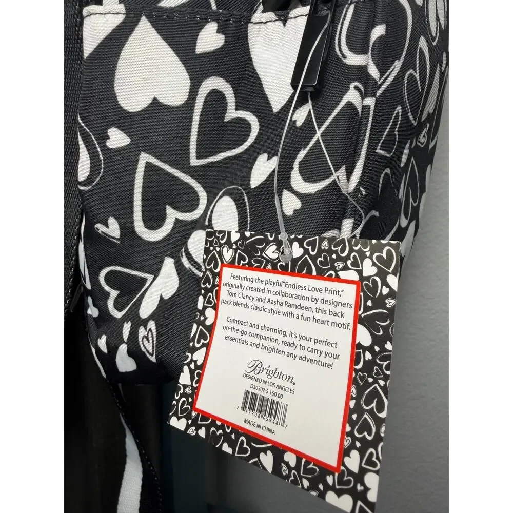 NWT Brighton Endless Love Backpack Black White Heart Print Zip Closure Purse